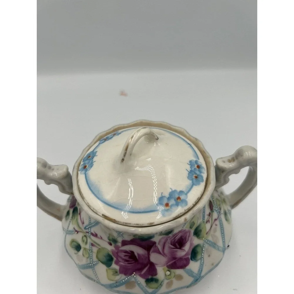 Vintage Porcelain Hand painted Floral Pink Blue Sugar Jar Double Handles Lid